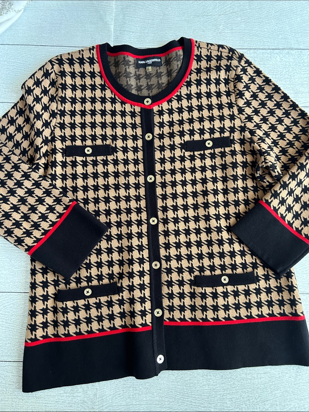 Karl Lagerfeld Cardigan Sweater XL Houndstooth Classic Logo buttons LNWOT